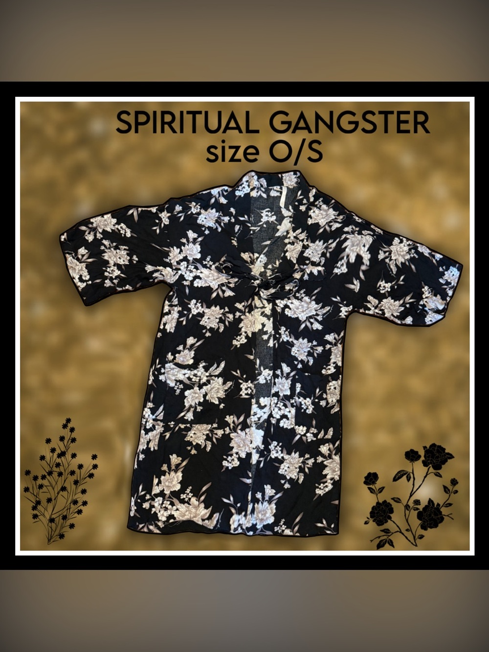 SPIRITUAL GANGSTER black, tan & white floral pattern tie-front ROBE size O/S
